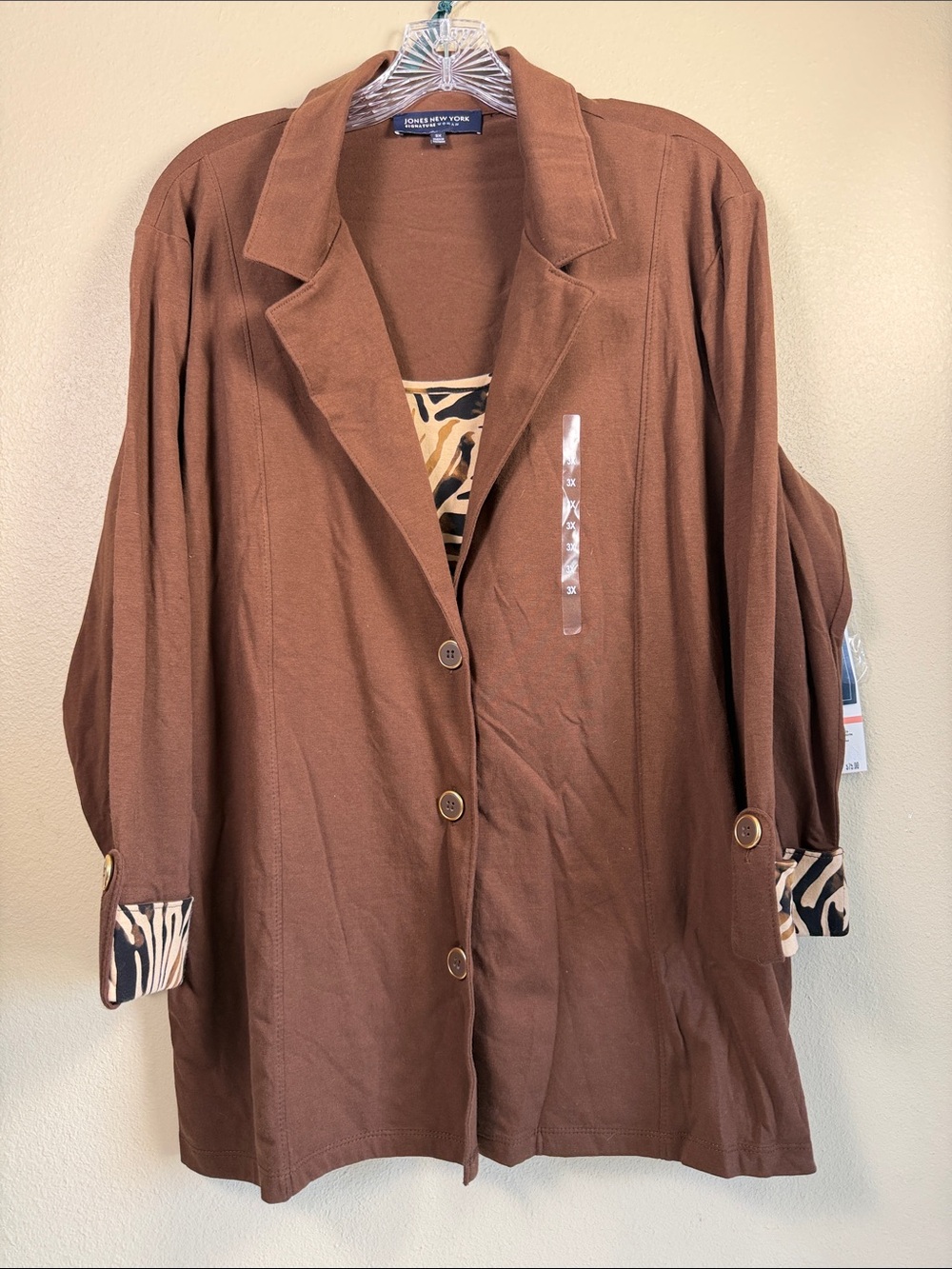 Jones New York Chestnut Brown Relaxed Blazer with Animal-Print Trim